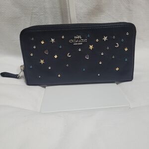 Coach Accordion Zip Wallet With Stardust Studs F22700 Black Leather Organizer